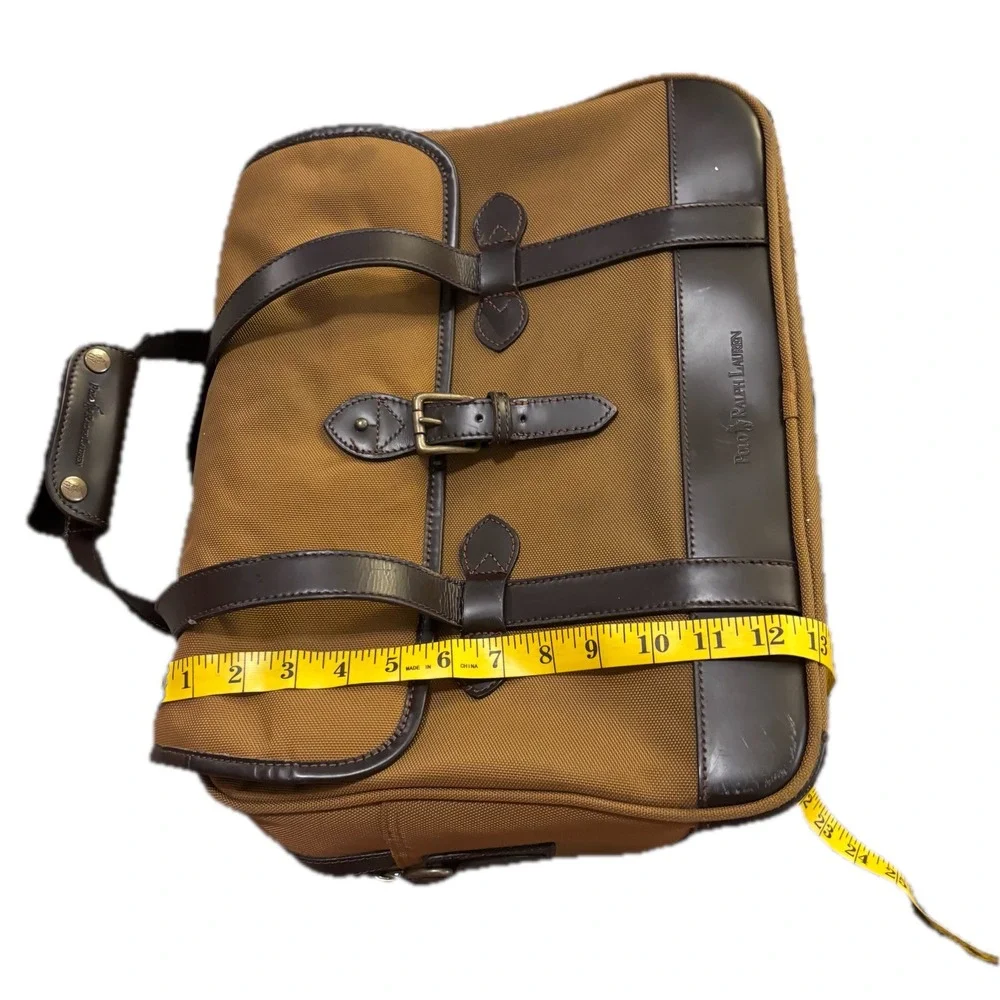 Polo Ralph Lauren Tan Canvas Brown Leather Briefcase Satchel Messenger Bag